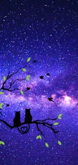 Owls on a branch against a starry purple night sky wallpaper.