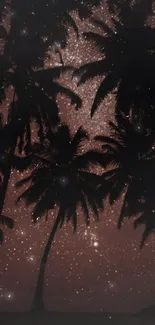 Starry night silhouette of palm trees against a dark brown sky.