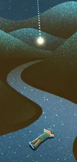 Illustration of a person lying on a winding path under a starry night sky.