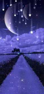 Magical path under a starry sky with moons, ideal for achieving a mystical look.