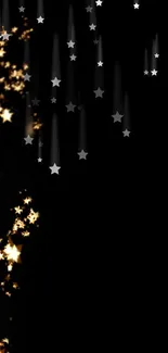 Mobile wallpaper with golden and silver stars on a black background.