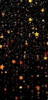 Glittering starry night wallpaper featuring golden stars on a black background.