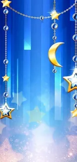 Starry night mobile wallpaper with gold stars and crescent moon.