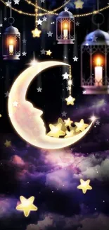 Mobile wallpaper featuring a crescent moon and stars with lanterns in a night sky.