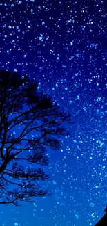 Silhouette of tree and wolf under starry night sky wallpaper.