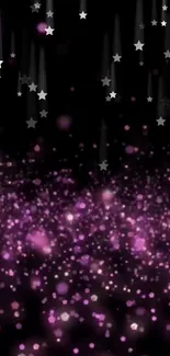 Starry night wallpaper with purple sparkles and silver stars on a dark background.