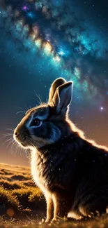 Rabbit under starry night sky in a serene nature setting.