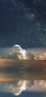 Starry night sky with cloudy reflection on a lake.