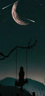 Silhouette of a girl on a swing under a crescent moon and starry night sky.