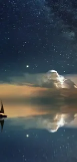 Sailboat under starry sky reflecting on water.