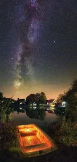 Starry night sky with Milky Way reflecting on a tranquil lake and illuminated dock.