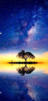 Starry sky with tree reflection on water, creating a serene cosmic scene.