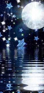 Celestial wallpaper with moon and stars reflecting on water surface.