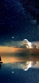 Sailboat under starry sky reflected on serene waters at night.