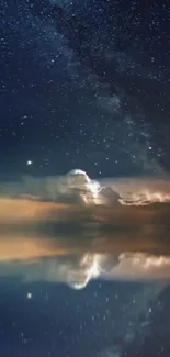 Sailboat under a starry night sky with calm water reflections.