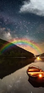 Boat on serene river under a rainbow and starry night sky.