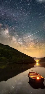 Night sky over a calm river with a lit boat reflecting stars.