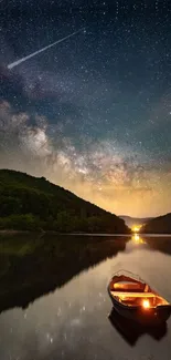 Starry night view over a river with glowing boat.