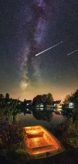 Boat on a river under a starry night sky with a glowing warm light.