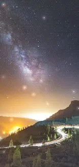 Winding mountain road under a starry night sky with Milky Way visible.