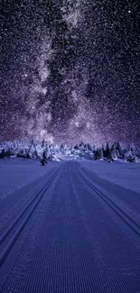 Starry night sky with a snowy road stretching into the distance.