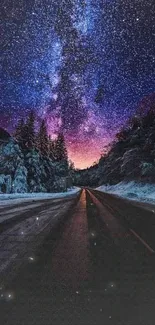 Starry night sky over a snowy road with trees, creating a serene landscape.