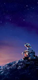 Robot gazing at a starry night sky on a hilltop, perfect for mobile wallpaper.