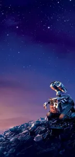 Robot gazes at stars under a midnight blue sky, ideal phone wallpaper.