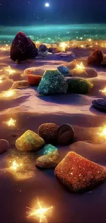 Colorful rocks and stars on a purple night landscape wallpaper.