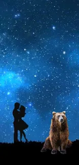 Romantic couple under starry sky with bear.