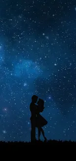 Silhouetted couple embracing under a starry night sky with a cosmic background.