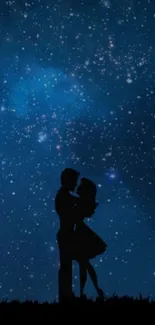 Silhouette couple under a starry night sky with dark blue tones.