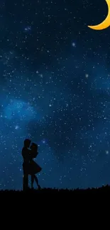 Silhouette couple under crescent moon and starry sky.