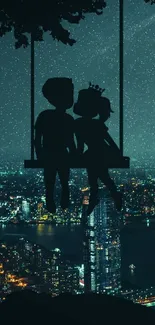 Silhouette couple on swing under starry night sky with city view.