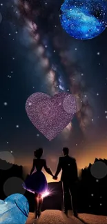 Silhouetted couple under starry sky with galaxy hearts.