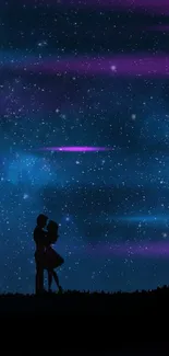 Silhouetted couple under a starry night sky with a lone tree.