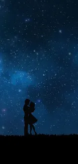 Silhouette of a couple under a starry night sky with tree and galaxy.