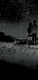 Couple under a starry night sky in black-and-white digital artwork.