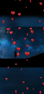 Romantic couple silhouette under starry night sky with red hearts floating.