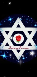 Star of David with red rose on a starry black background.