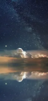 Sailboat beneath a starry night sky reflecting on calm waters.