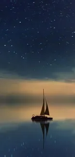 A sailboat under a tranquil, starry night sky with a serene water reflection.