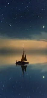 Sailboat under a starry night sky reflecting on calm water.