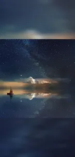 Sailboat drifting under a starry night sky with calm waters and reflection.