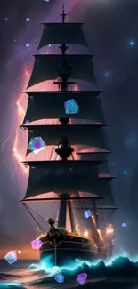 Majestic ship sailing under starry sky and galaxy.