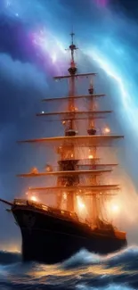 Majestic sailing ship under a starry sky on the ocean.