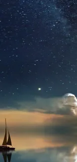 Sailboat under a starry night sky on calm waters.