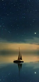 Sailboat under a starry night sky with calm ocean reflections.