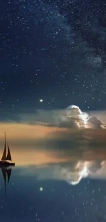 Sailboat under a starry night sky with reflections.