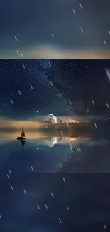 Sailing boat beneath a starry night sky, reflecting on calm water.